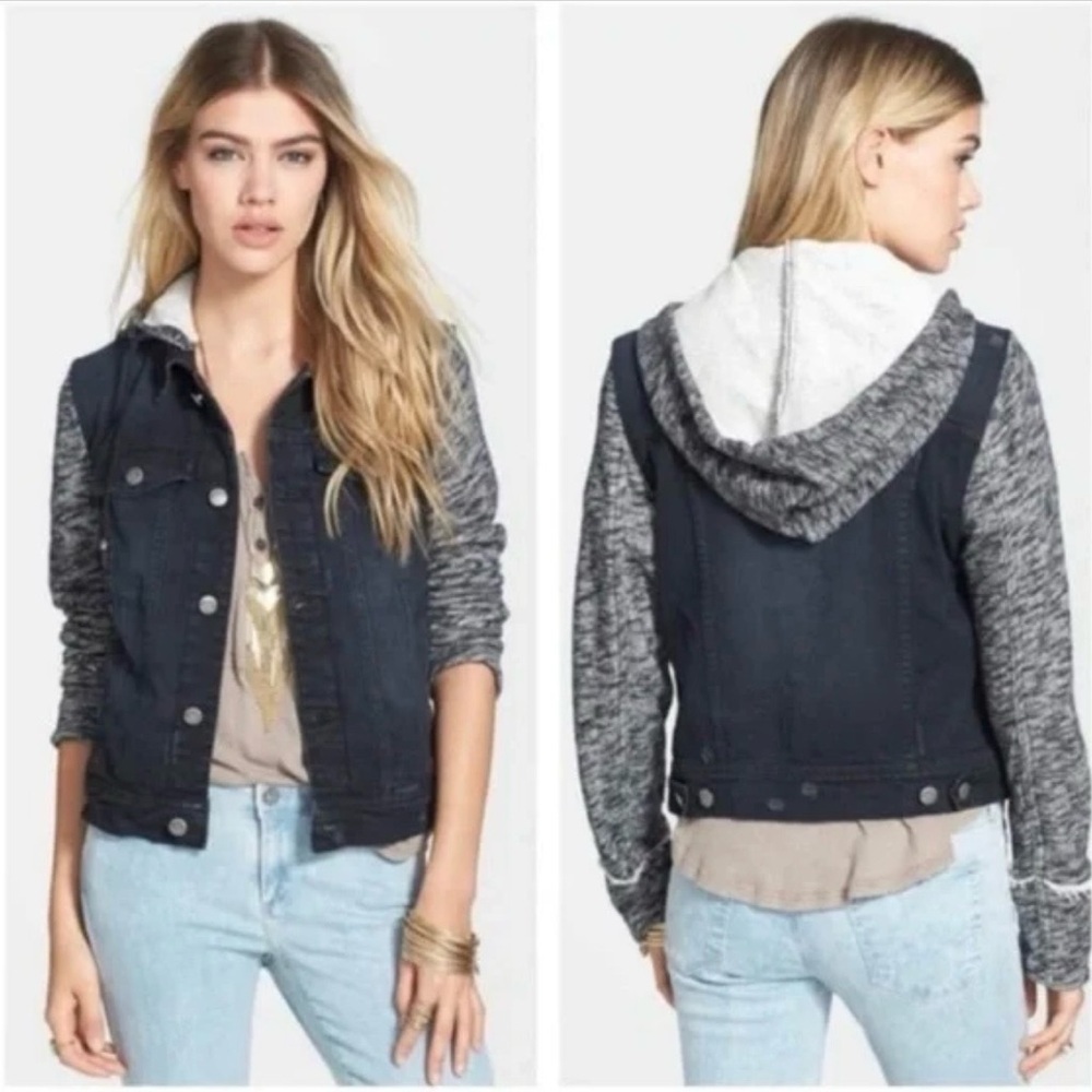 Free People Distressed Black Denim Jacket with Grey Knit Sleeves & Hood in XS